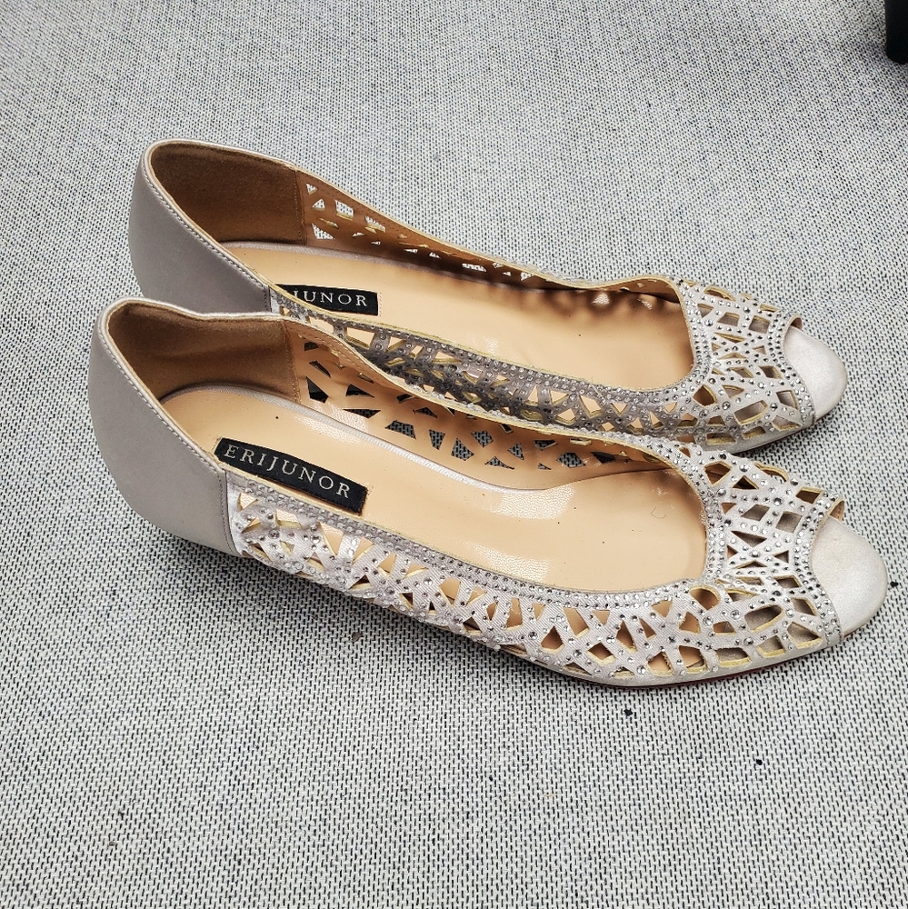 Erijunor Women's Silver Peep Toe Flats 8.5